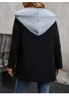 Kadın Uzun Kollu Kapşonlu çift Renkli şardonlu Iki Iplik Ceket
