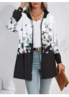 Kadın Uzun Kollu Kapşonlu Fermuarlı çiçek-kelebek Desenli şardonlu Dalgıç Ceket