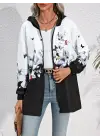Kadın Uzun Kollu Kapşonlu Fermuarlı çiçek-kelebek Desenli şardonlu Dalgıç Ceket