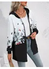 Kadın Uzun Kollu Kapşonlu Fermuarlı çiçek-kelebek Desenli şardonlu Dalgıç Ceket
