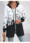 Kadın Uzun Kollu Kapşonlu Fermuarlı çiçek-kelebek Desenli şardonlu Dalgıç Ceket
