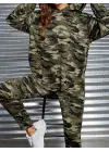 Kadın Uzun Kollu Kapşonlu Kamuflaj Desenli Bluz Ve Pantolon Tayt Ikili Takım
