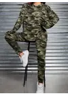 Kadın Uzun Kollu Kapşonlu Kamuflaj Desenli Bluz Ve Pantolon Tayt Ikili Takım
