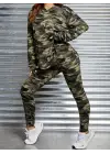 Kadın Uzun Kollu Kapşonlu Kamuflaj Desenli Bluz Ve Pantolon Tayt Ikili Takım