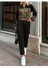 Kadın Uzun Kollu Kapşonlu Leopar Desenli Viskon Iki Iplik Bluz Ve Pantolon Ikili Takım