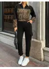 Kadın Uzun Kollu Kapşonlu Leopar Desenli Viskon Iki Iplik Bluz Ve Pantolon Ikili Takım
