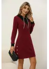 Kadın Uzun Kollu Kapşonlu önden Fermuarlı Düğmeli Mini Iki Iplik Elbise