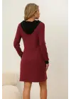 Kadın Uzun Kollu Kapşonlu önden Fermuarlı Düğmeli Mini Iki Iplik Elbise