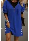 Kadın Uzun Kollu Kapşonlu önden Fermuarlı Düğmeli Mini Iki Iplik Elbise