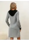 Kadın Uzun Kollu Kapşonlu önden Fermuarlı Düğmeli Mini Iki Iplik Elbise