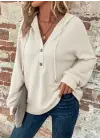 Kadın Uzun Kollu Kapşonlu önü Düğmeli Ve Bağcıklı Waffle Bluz