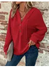 Kadın Uzun Kollu Kapşonlu önü Düğmeli Ve Bağcıklı Waffle Bluz