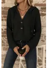 Kadın Uzun Kollu Kapşonlu önü Düğmeli Ve Bağcıklı Waffle Bluz