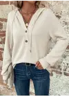 Kadın Uzun Kollu Kapşonlu önü Düğmeli Ve Bağcıklı Waffle Bluz