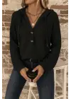 Kadın Uzun Kollu Kapşonlu önü Düğmeli Ve Bağcıklı Waffle Bluz