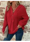 Kadın Uzun Kollu Kapşonlu önü Düğmeli Ve Bağcıklı Waffle Bluz