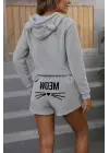 Kadın Uzun Kollu Kapşonlu Peluş Bluz Ve Kısa Short Ikili Takım