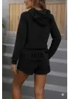 Kadın Uzun Kollu Kapşonlu Peluş Bluz Ve Kısa Short Ikili Takım