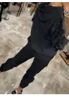 Kadın Uzun Kollu Kapşonlu Pulpayet Detay Viskon Iki Iplik Bluz Ve Pantolon Ikili Takım