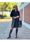 Kadın Uzun Kollu Kapüşon Ve Deri Detay Diz üstü Elbise