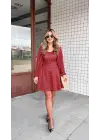Kadın Uzun Kollu Kare Kalp Yakalı Mini Modal Elbise