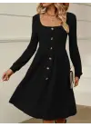 Kadın Uzun Kollu Kare Yaka Düğmeli Kısa şardonlu Iki Iplik Mini Elbise