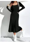 Kadın Uzun Kollu Kare Yaka Midi Kaşkorse Elbise