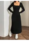 Kadın Uzun Kollu Kare Yaka Midi Kaşkorse Elbise