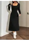 Kadın Uzun Kollu Kare Yaka Midi Kaşkorse Elbise