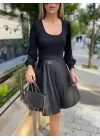 Kadın Uzun Kollu Kare Yaka üst Viskon Alt Deri Mini Elbise