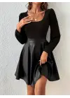 Kadın Uzun Kollu Kare Yaka üst Viskon Alt Deri Mini Elbise