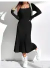 Kadın Uzun Kollu Kare Yakalı Midi şardonlu Kaşkorse Elbise