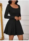 Kadın Uzun Kollu Kare Yakalı Mini Ithal Krep Elbise