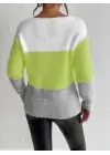 Kadın Uzun Kollu Kayık Yaka çok Renkli Triko Bluz