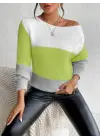 Kadın Uzun Kollu Kayık Yaka çok Renkli Triko Bluz