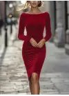 Kadın Uzun Kollu Kayık Yaka Mini Kadife Elbise