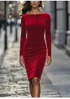 Kadın Uzun Kollu Kayık Yaka Mini Kadife Elbise