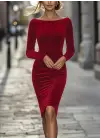 Kadın Uzun Kollu Kayık Yaka Mini Kadife Elbise