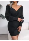 Kadın Uzun Kollu Kruvaze Geniş Yakalı Mini Triko Elbise