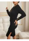 Kadın Uzun Kollu Kruvaze Yaka Bağcık Detay Akrilik Mini Boy Elbise