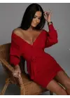 Kadın Uzun Kollu Kruvaze Yaka Bağcık Detay Akrilik Mini Boy Elbise