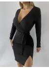 Kadın Uzun Kollu Kruvaze Yaka Bağcık Detay Akrilik Mini Boy Elbise