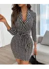 Kadın Uzun Kollu Kruvaze Yaka Bağlamalı Kemer Dalgıç Mini Boy Elbise