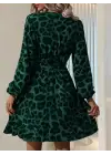 Kadın Uzun Kollu Kruvaze Yaka Beden Kuşaklı çapraz Kesim Detaylı Leopar Modal Mini Elbise