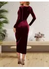 Kadın Uzun Kollu Kruvaze Yaka Belden Büzgü Detay Midi Kadife Elbise