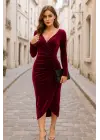 Kadın Uzun Kollu Kruvaze Yaka Belden Büzgü Detay Midi Kadife Elbise