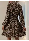 Kadın Uzun Kollu Kruvaze Yaka Belden Kuşaklı çapraz Kesim Detaylı Leopar Modal Mini Elbise