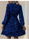 Kadın Uzun Kollu Kruvaze Yaka Belden Kuşaklı çapraz Kesim Detaylı Leopar Modal Mini Elbise