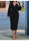 Kadın Uzun Kollu Kruvaze Yaka Belden Kuşaklı Midi Ithal Krep Elbise
