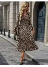 Kadın Uzun Kollu Kruvaze Yaka Belden Oturtmalı Midi Modal Leopar Desenli Elbise
